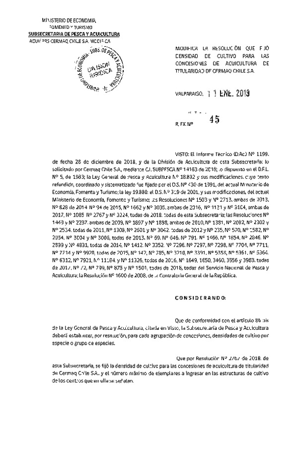 Res. Ex. N° 45-2019 Modifica Res. Ex. N° 2767-2018 Fija Densidad de Cultivo para las Concesiones de Titularidad. (Con Informe Técnico) (Publicado en Página Web 15-01-2019)