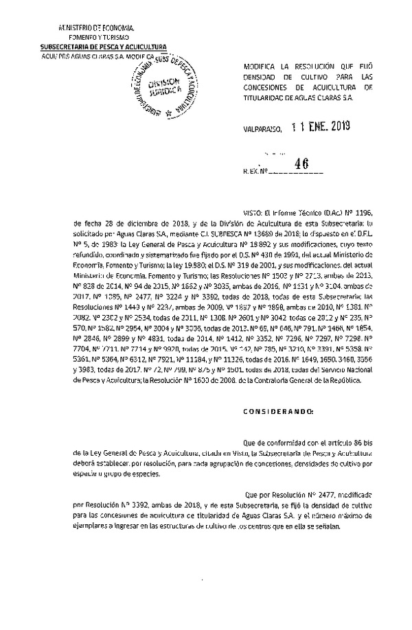 Res. Ex. N° 46-2019 Modifica Res. Ex. N° 2477-2018 Fija Densidad de Cultivo para las Concesiones de Acuicultura que Indica. (Con Informe Técnico). (Publicado en Página Web 15-01-2019)