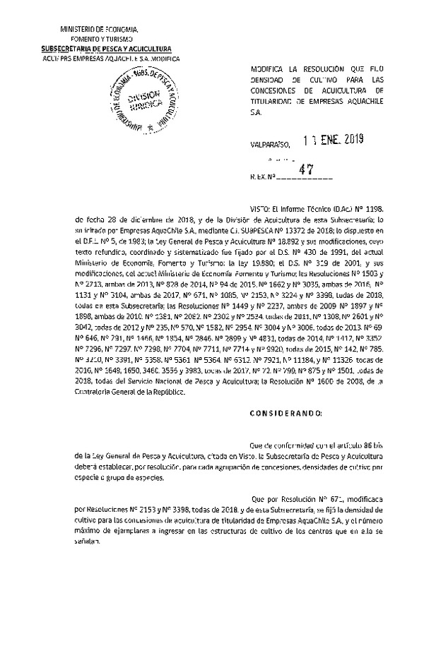 Res. Ex. N° 47-2019 Modifica Res. Ex. N° 671-2018 Fija Densidad de Cultivo para las Concesiones de Acuicultura que Indica. (Con Informe Técnico) (Publicado en Página Web 15-01-2019)