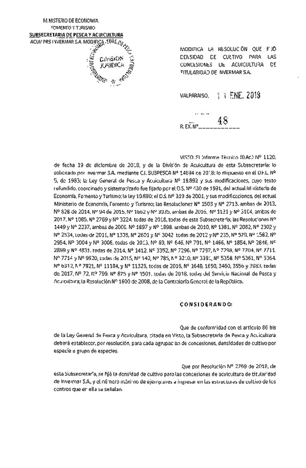 Res. Ex. N° 48-2019 Modifica Res. Ex. N° 2769-2018 Fija Densidad de Cultivo para las Concesiones de Titularidad. (Con Informe Técnico) (Publicado en Página Web 15-01-2019)