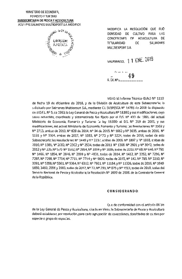 Res. Ex. N° 49-2019 Modifica Res. Ex. N° 2473-2018 Fija Densidad de Cultivo para las Concesiones de Acuicultura que Indica. Aprueba Programa de Manejo que Señala(Con Informe Técnico) (Publicado en Página Web 15-01-2019)