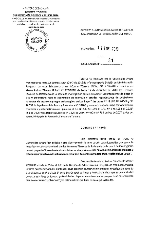 Res. Ex. N° 31-2019 Levantamiento de datos in situ, luga roja y negra, Región de Los Lagos.