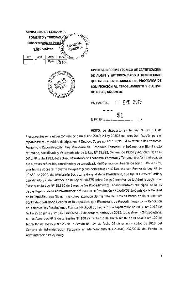 Res. Ex. N° 51-2019 Aprueba informe técnico de certificación de algas y autoriza pago que indica, en el marco del programa de bonificación al repoblamiento y cultivo de algas, año 2018. (Publicado en Página Web 15-01-2019)