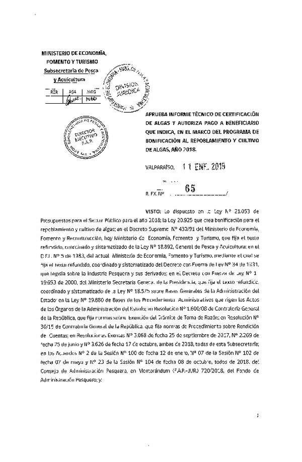 Res. Ex. N° 65-2019 Aprueba informe técnico de certificación de algas y autoriza pago que indica, en el marco del programa de bonificación al repoblamiento y cultivo de algas, año 2018. (Publicado en Página Web 15-01-2019)