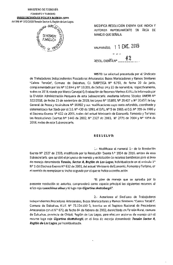 Res. Ex. N° 42-2019 Autoriza Repoblamiento.