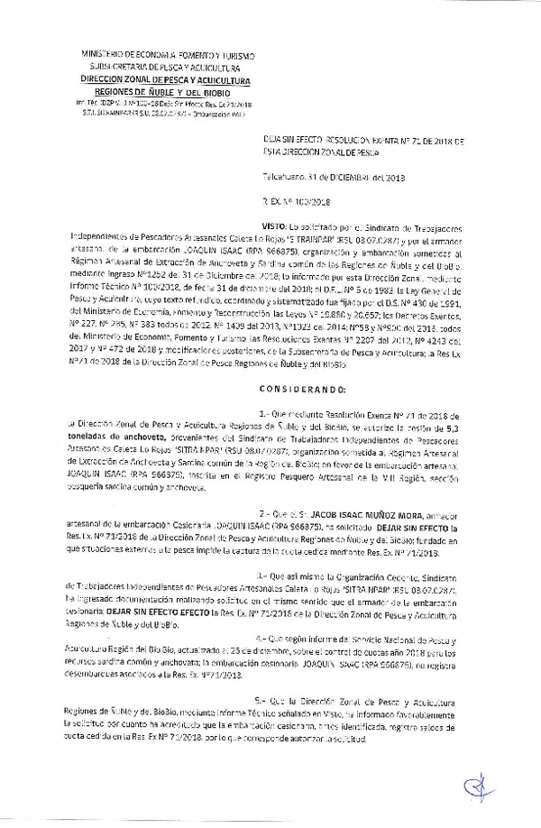 Res. Ex. N° 100-2018 (DZP VIII) Deja sin efecto Res. Ex. N° 71-2018.