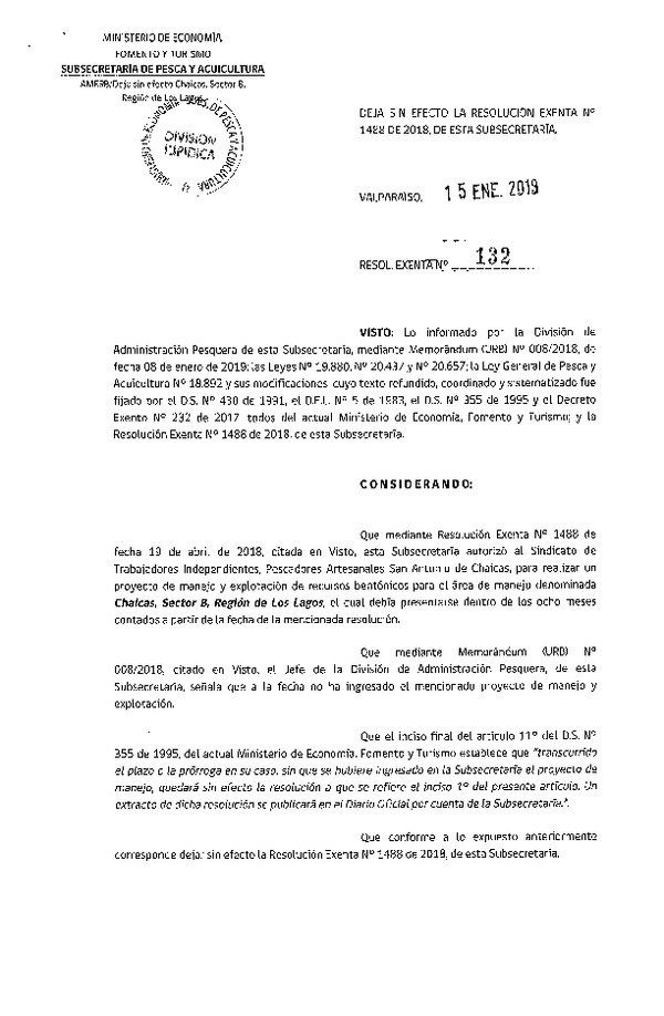 Res. Ex. N° 132-2019 Deja sin efecto Res. Ex. N° 1488-2018.