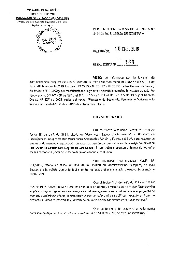 Res. Ex. N° 133-2019 Deja sin efecto Res. Ex. N° 1494-2018.