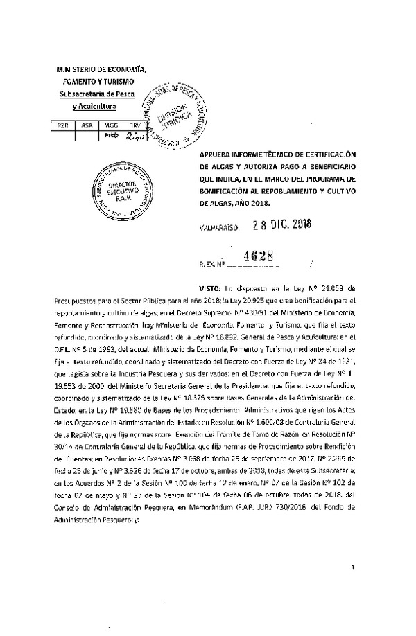 Res. Ex. N° 4628-2018 Aprueba informe técnico de certificación de algas y autoriza pago que indica, en el marco del programa de bonificación al repoblamiento y cultivo de algas, año 2018. (Publicado en Página Web 16-01-2019)