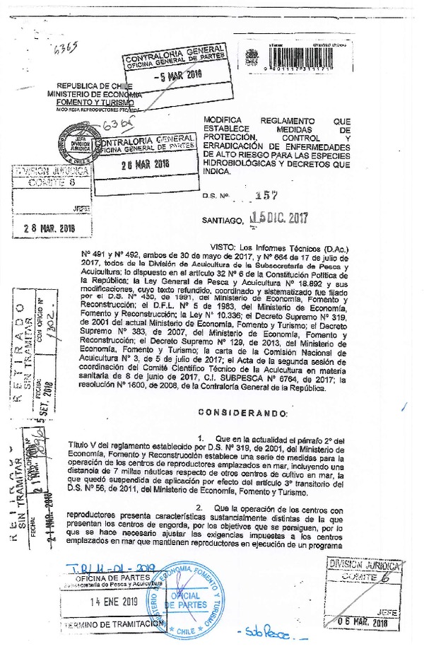 D.S. N° 157-2017 Modifica. D.S. N° 319-2001 Reglamento de Medidas de Protección, Control y Erradicación de Enfermedades de Alto Riesgo para las Especies Hidrobiológicas. (F.D.O. 18-01-2019)