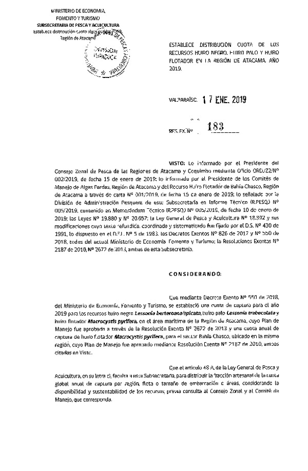 Res. Ex. N° 183-2019 Establece distribución cuota recurso huiro negro, huiro palo y huiro flotador, Región de Atacama. (Publicado en Página Web 18-01-2019) (Publicado en Página Web 18-01-2019) (F.D.O. 25-01-2019)