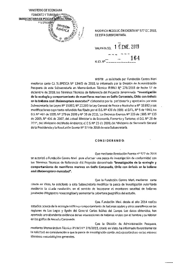 Res. Ex. N° 164-2019 Modifica Resolución Exenta N° 577 de 2018, de esta Subsecretaría (Publicado en Página Web 21-01-2019)