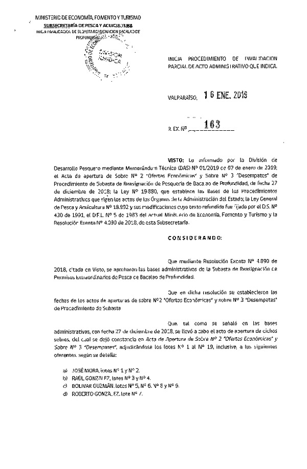 Res. Ex. N° 163-2019 Inicia procedimiento de invalidación parcial de acto administrativo que indica (Publicado en Página Web 22-01-2019)