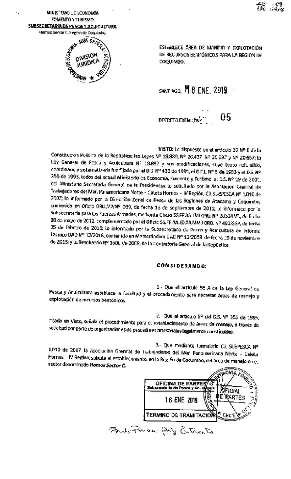 Dec. Ex. N° 5-2019 Establece Área de Manejo y Explotación de Recursos Bentónicos para la Región de Coquimbo. (Publicado en Página Web 22-01-2019) (F.D.O. 24-01-2019)