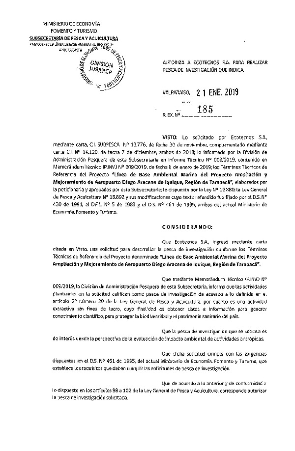 Res. Ex. N° 185-2019 Autoriza a ECOTECNOS S.A. para realizar pesca de investigación que indica (Publicado en Página Web 23-01-2019)