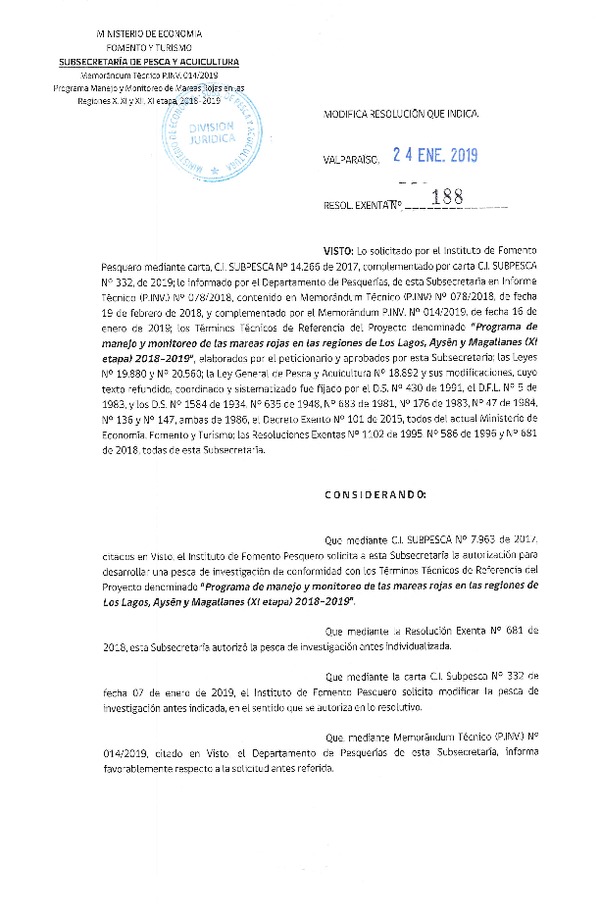 Res. Ex. N° 188-2019 Modifica Resolución que indica (Publicado en Página Web 24-01-2019)