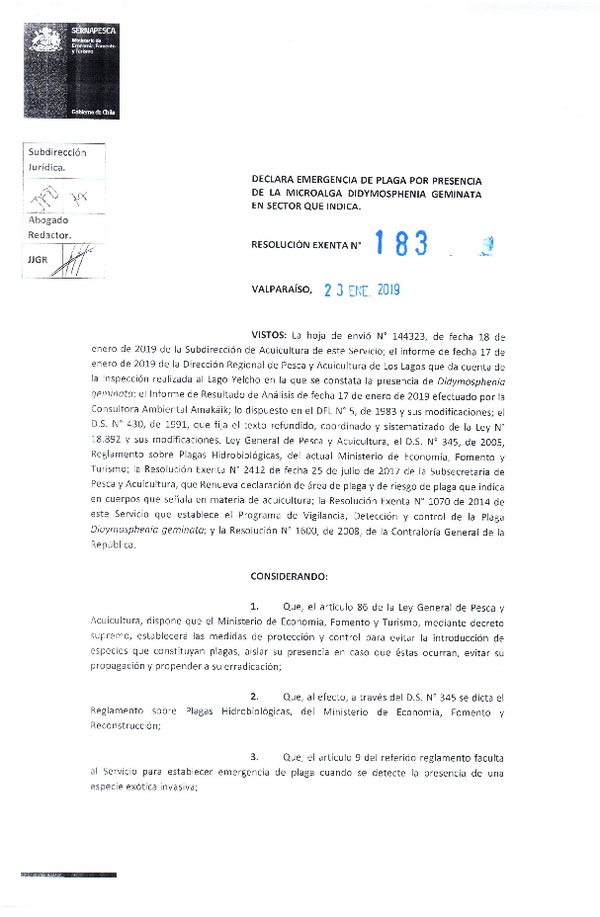 Res. Ex. N° 183-2019 (Sernapesca) Declara emergencia de plaga por presencia de la Microalga Didymosphenia Geminata en sector que indica