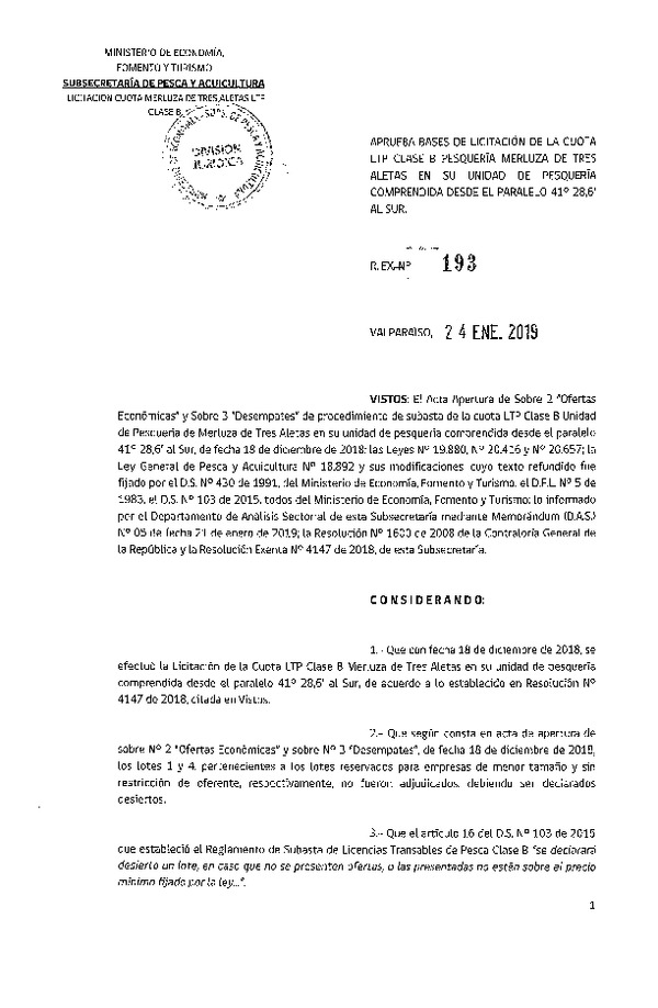 Res. Ex. N° 193-2019 Aprueba bases de licitación de la cuota LTP Clase B pesquería Merluza de tres aletas en su unidad de pesquería comprendida desde el paralelo 41° 28.6' al sur (Publicado en Página Web 24-01-2019)