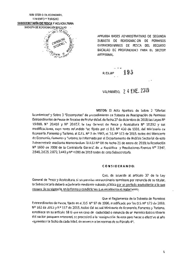 Res. Ex. N° 195-2019 Aprueba bases administrativas de segunda subasta de reasignación de permisos extraordinarios de pesca del recurso Bacalao de profundidad para el sector artesanal. (Publicado en Página Web 29-01-2019)