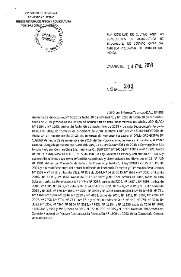 Res. Ex. N° 203-2019 Fija densidad de cultivo para las concesiones de acuicultura de titularidad de CERMAQ CHILE S.A. aprueba programa de manejo que indica (Con Informe Técnico) (Publicado en Página Web 25-01-2019)