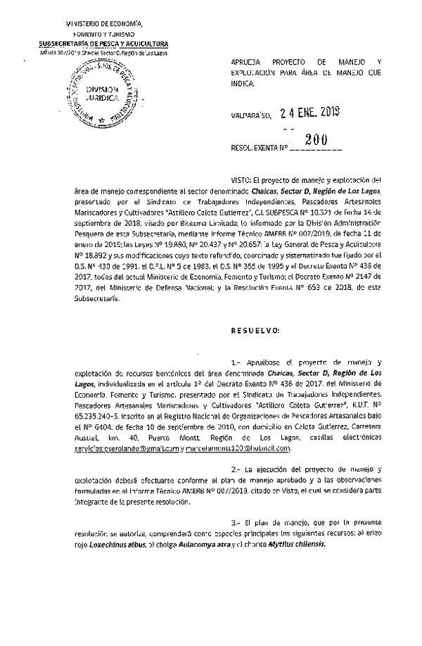 Res. Ex. N° 200-2019 Aprueba proyecto de manejo y explotación para Área de Manejo que indica