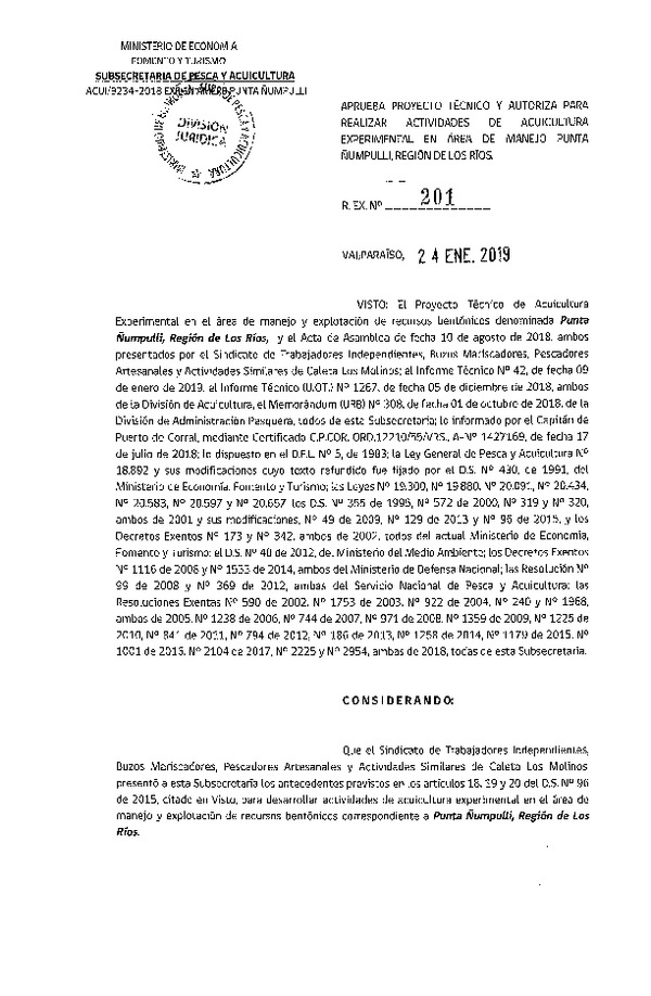 Res. Ex. N° 201-2019 Aprueba proyecto técnico y autoriza para realizar actividades de Acuicultura Experimental en Área de Manejo Punta Ñumpulli, región de Los Ríos