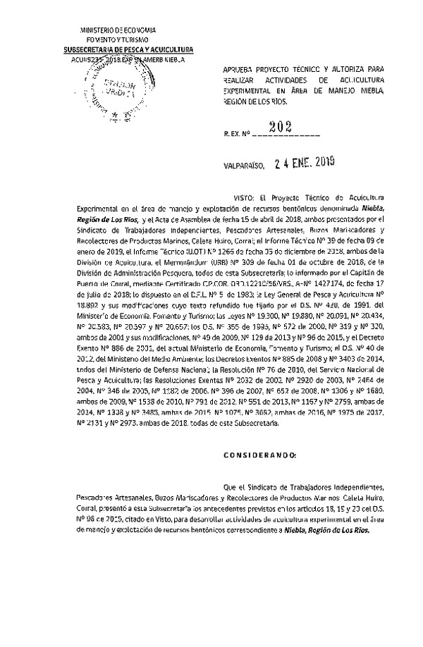 Res. Ex. N° 202-2019 Aprueba proyecto técnico y autoriza para realizar actividades de Acuicultura Experimental en Área de Manejo Niebla, región de Los Ríos