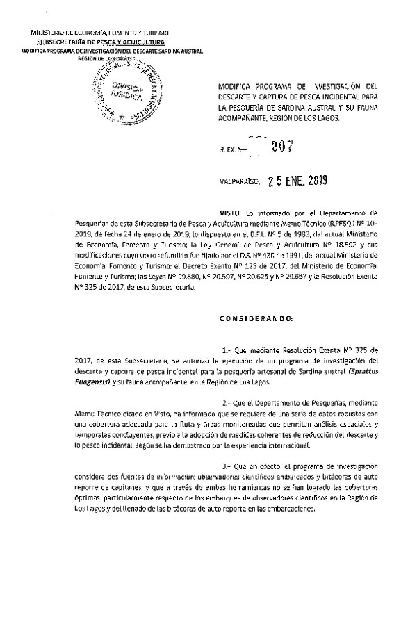 Res. Ex. N° 207-2019 Modifica Programa de Investigación del descarte y captura de pesca incidental para la pesquería de Sardina Austral y su fauna acompañante, región de Los Lagos. (Publicado en Página Web 28-01-2019)