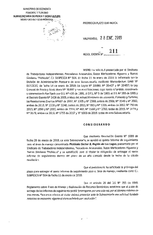 Res. Ex. N° 211-2019 Prorroga plazo que indica.