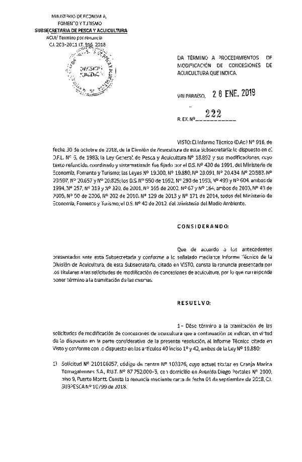 Res. Ex. N° 222-2019 Da término a procedimientos de modificación de concesiones de acuicultura que indica.