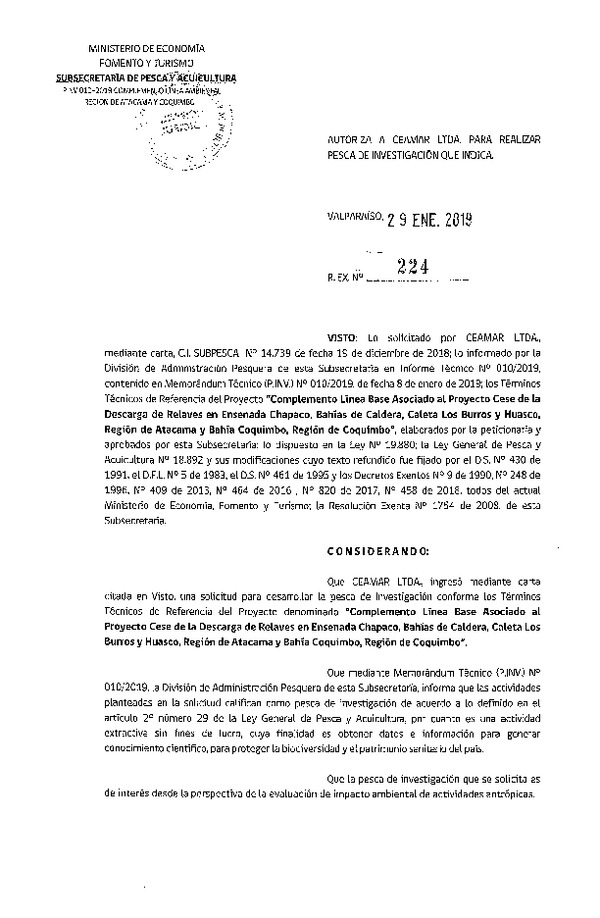 Res. Ex. N° 224-2019 Autoriza a Ceamar Ltda. Para realizar Pesca de Investigación (Publicado en Página Web 29-01-2019)