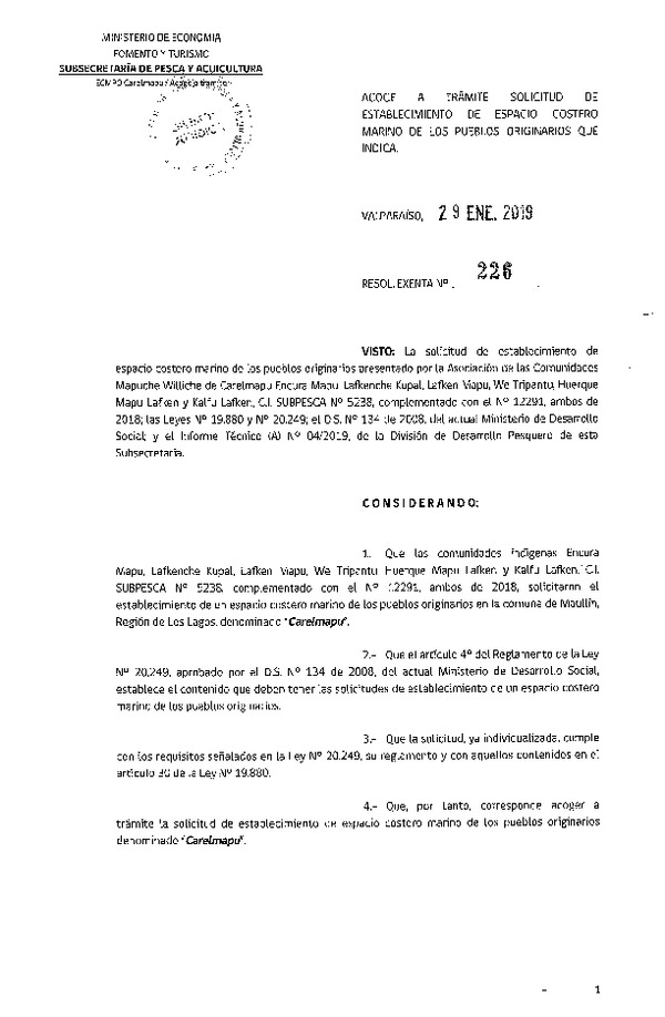 Res. Ex. N° 226-2019 Acoge a trámite solicitud de establecimiento de espacio costero marino de los Pueblos Originarios que indica (Publicado en Página Web 29-01-2019)