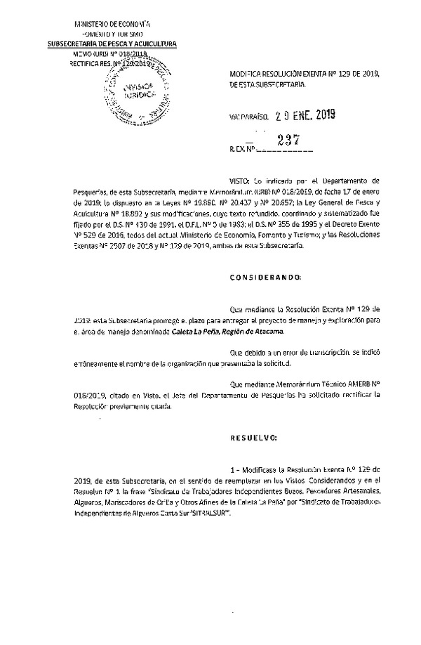 Res. Ex. N° 237-2019 Modifica Resolución Exenta N° 129 de 2019, de esta Subsecretaría