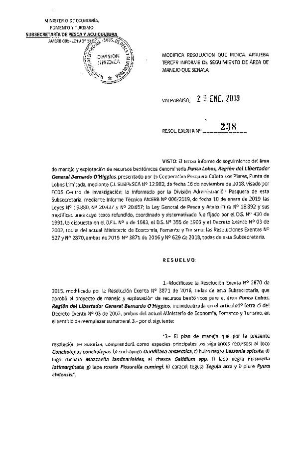 Res. Ex N° 238-2019. Modifica Resolución que indica. Aprueba Tercer informe de seguimiento de Área de manejo que señala