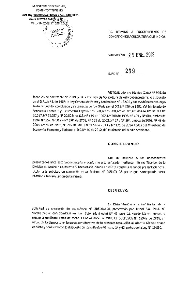 Res. Ex. N° 239-2019 Da término a procedimiento de concesiones de Acuicultura que indica.