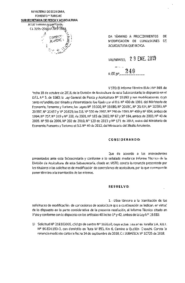 Res Ex. N° 240-2019 Da término a procedimientos de modificación de concesiones de Acuicultura que indica.