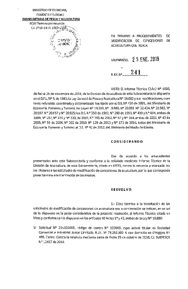 Res Ex. N° 241-2019 Da término a procedimientos de modificación de concesiones de Acuicultura que indica.