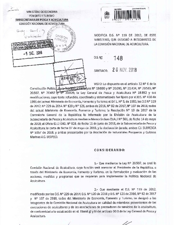 D.S. N° 148-2019 Modifica D.S. N° 119-2012, de este Ministerio, que designó a integrantes de la Comisión Nacional de Acuicultura. (Publicado en Página Web 31-01-2019) (F.D.O. 31-01-2019)