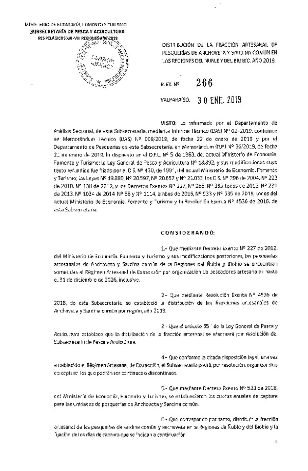 Res. Ex. N° 266-2019 Distribución de la fracción artesanal de pesquería de Anchoveta y Sardina común en las regiones del Ñuble y del Bío Bío, año 2019. (Publicado en Página Web 30-01-2019)