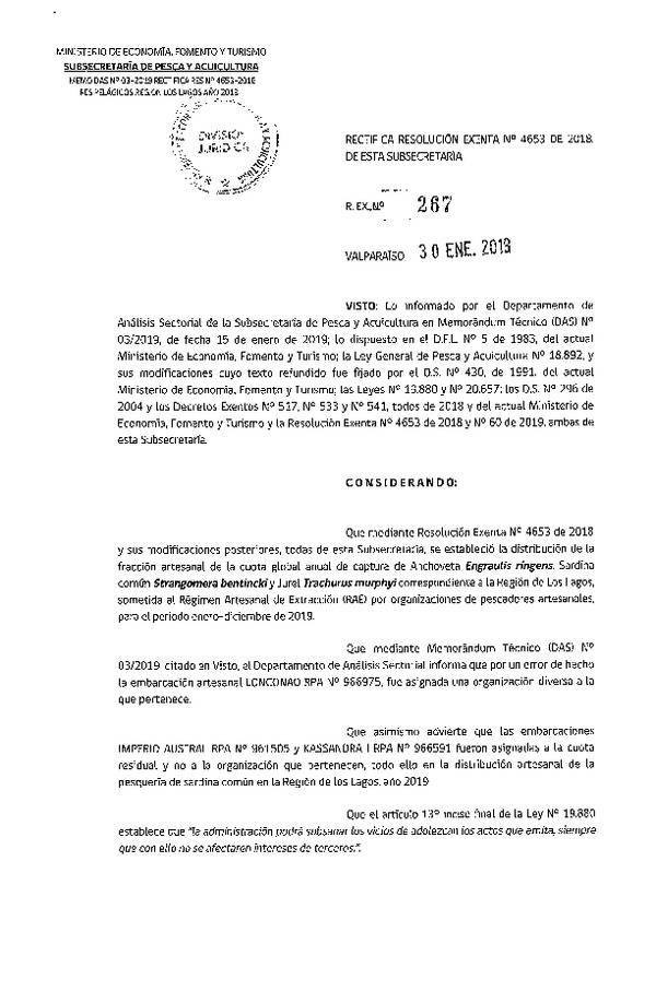 Res. Ex. N° 267-2019 Rectifica Resolución Exenta N°4653 de 2018, de esta Subsecretaría (Publicado en Página Web 30-01-2019) (F.D.O. 16-02-2019)