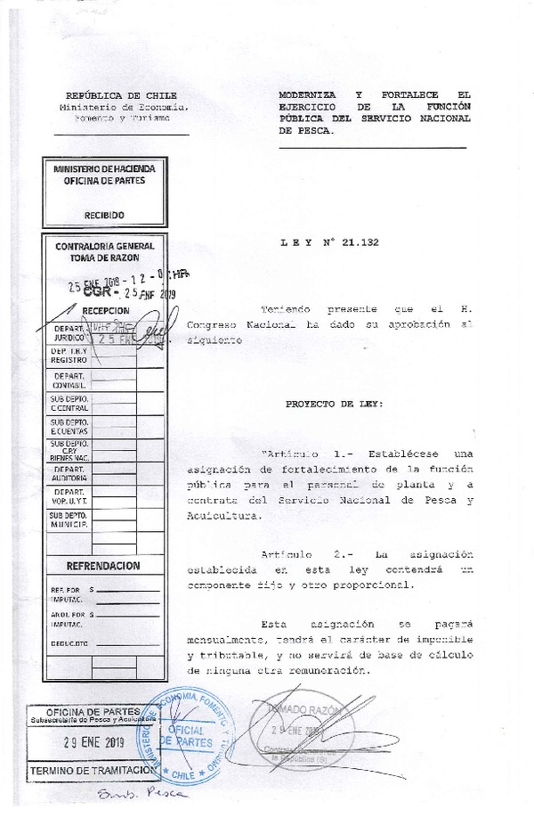 Ley N° 21.132 Moderniza y fortalece el ejercicio de la función pública del Servicio Nacional de Pesca. (F.D.O. 31-01-2019)