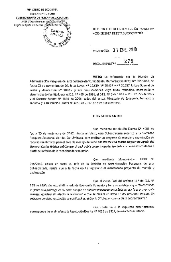 Res. Ex. N° 279-2019. Deja sin Efecto la Resolución Exenta N° 4055 de 2017, de esta Subsecretaría.