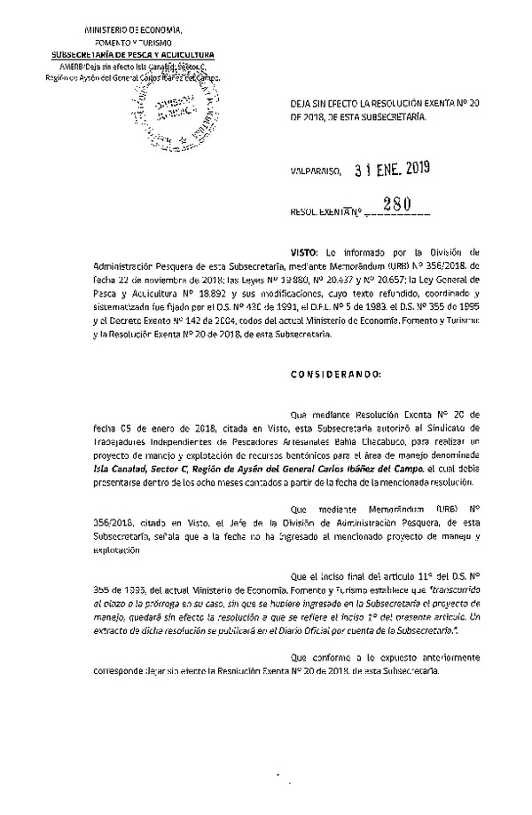 Res. Ex N° 280-2019. Deja sin efecto la Resolución Exenta N° 20 de 2018, de esta subsecretaría (Publicado en Página Web 31-01-2019)