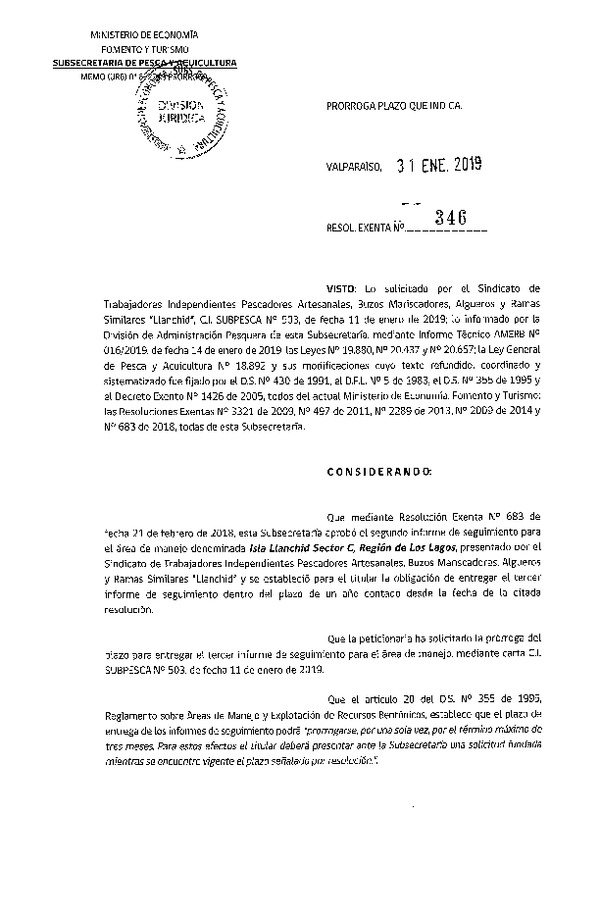 Res. Ex N° 346-2019. Prorroga plazo que indica. (Isla Llanchid sector C, X).