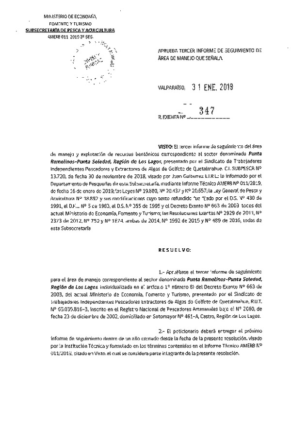 Res. Ex N° 347-2019. Aprueba Tercer informe de seguimiento de Área de manejo que señala. (Punta Remolinos-Punta Soledad, X)