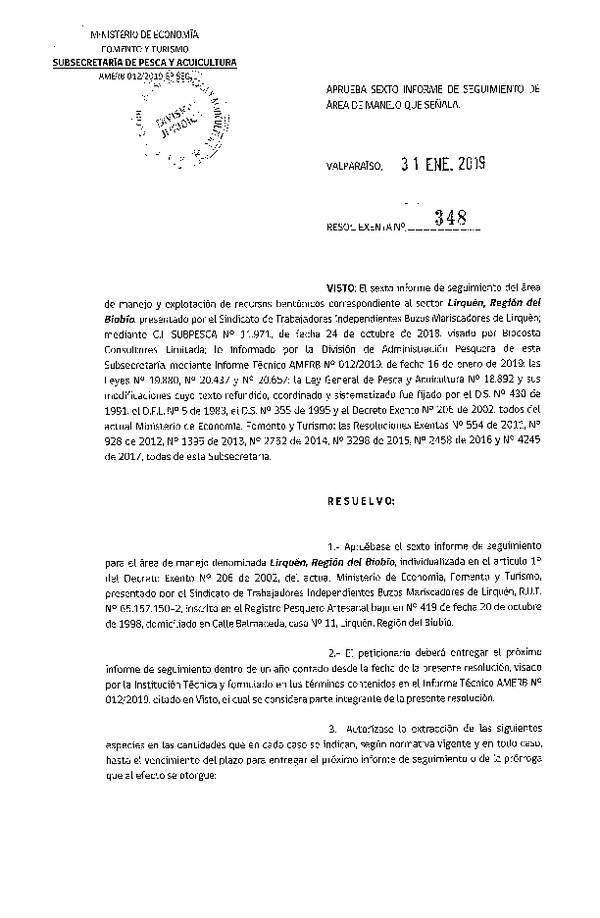 Res. Ex N° 348-2019. Aprueba Sexto informe de Seguimiento de Área de manejo que señala. (Lirquén, VIII)