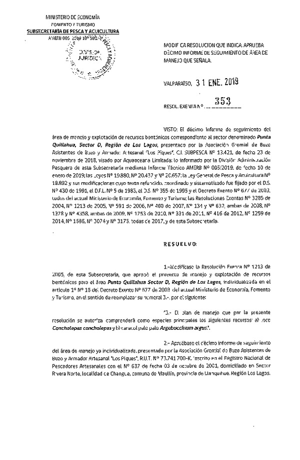 Res. Ex N° 353-2019. Modifica Resolución que indica. Aprueba Décimo Informe de Seguimiento de Área de manejo que señala. (Punta Quillahua, sector D, X).