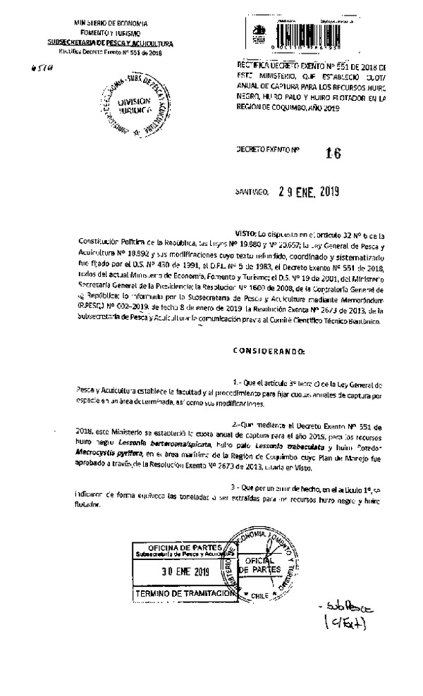 DEC EX 16-2019 RECT. DEC EX 551-2018 CUOTA ANUAL CAPTURA RECURSO HUIRO NEGRO-PALO Y FLOTADOR