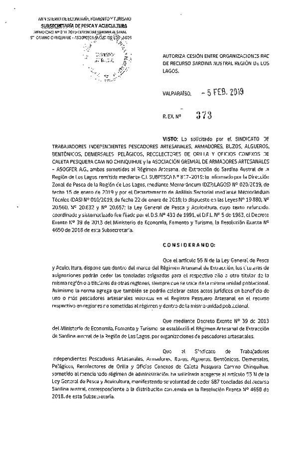Res. EX 373-2019 AUTORIZA CESIÓN ENTRE ORGANIZACIONES RAE DE RECURSOS SARDINA AUSTRAL REGIÓN DE LOS LAGOS