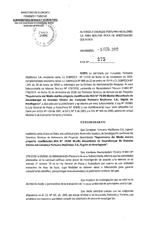 Res. Ex. Nº 375 de 2019 que que autoriza a Complejo Portuario Mejillones para realizar pesca de investigación que indica.